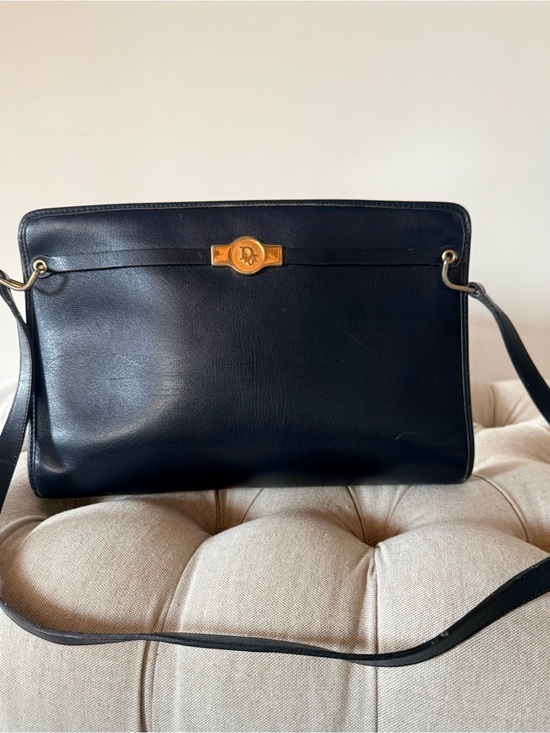 Handbags - Vintage Christian Dior Navy Leather Shoulder Bag Clutch 1970s Plaque Logo
